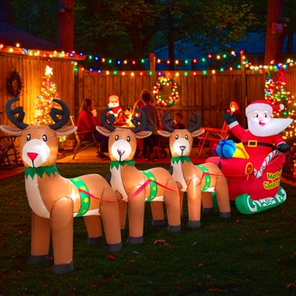 12FT Christmas Inflatable - Black Santa Claus On Sleigh With 3 Reindeers, Yard Blow Up Decoration With Built-in LED Lights, Outdoor Holiday Decor