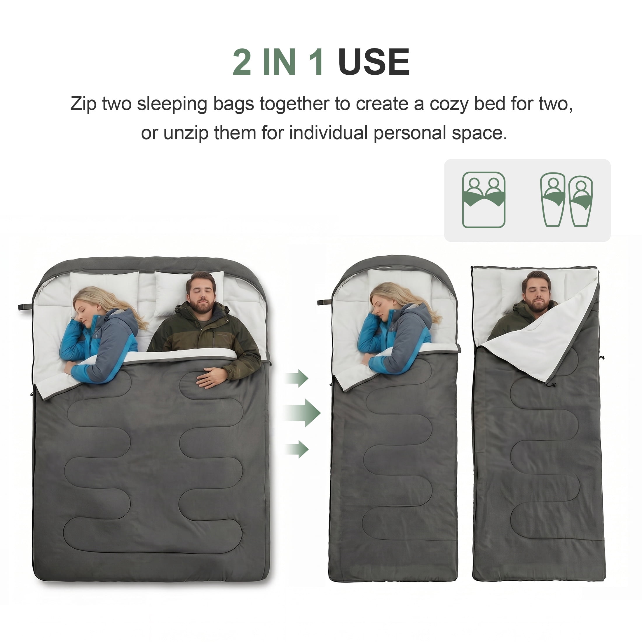 CONCETTA Lightweight Double Sleeping Bag for Adults in Cold & Warm Weaher, Waterproof & Machine Washable for Camping/Backpacking/Hiking, Black