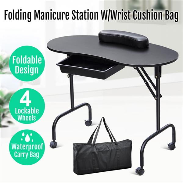 Portable Folding Manicure Table with Lockable Wheels Nail Beautician Desk W/Wrist Cushion Bag