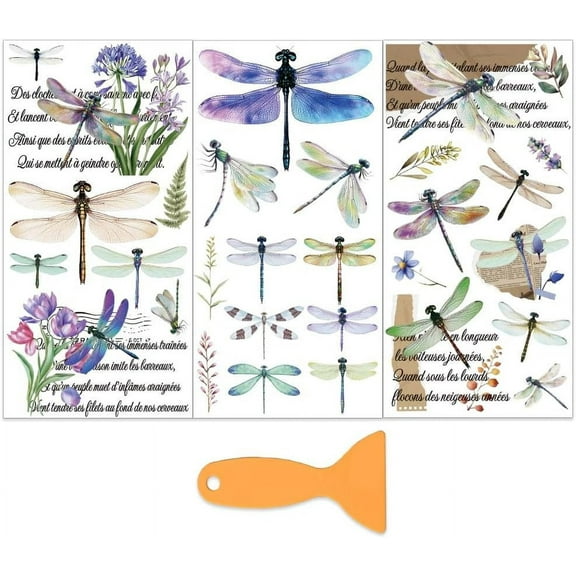 3pcs/Set Dragonfly Rub on Transfers for Furniture and Crafts 6x12 inch Wildflowers Furniture Decals Vintage Transfer Stickers Rub on Decals with 1pc Scraper for Wood Furniture Home Decor DIY