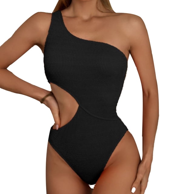 Traje de baño de una pieza con recorte negro para mujer Traje de baño de un hombro Trajes de baño Monokini acanalados