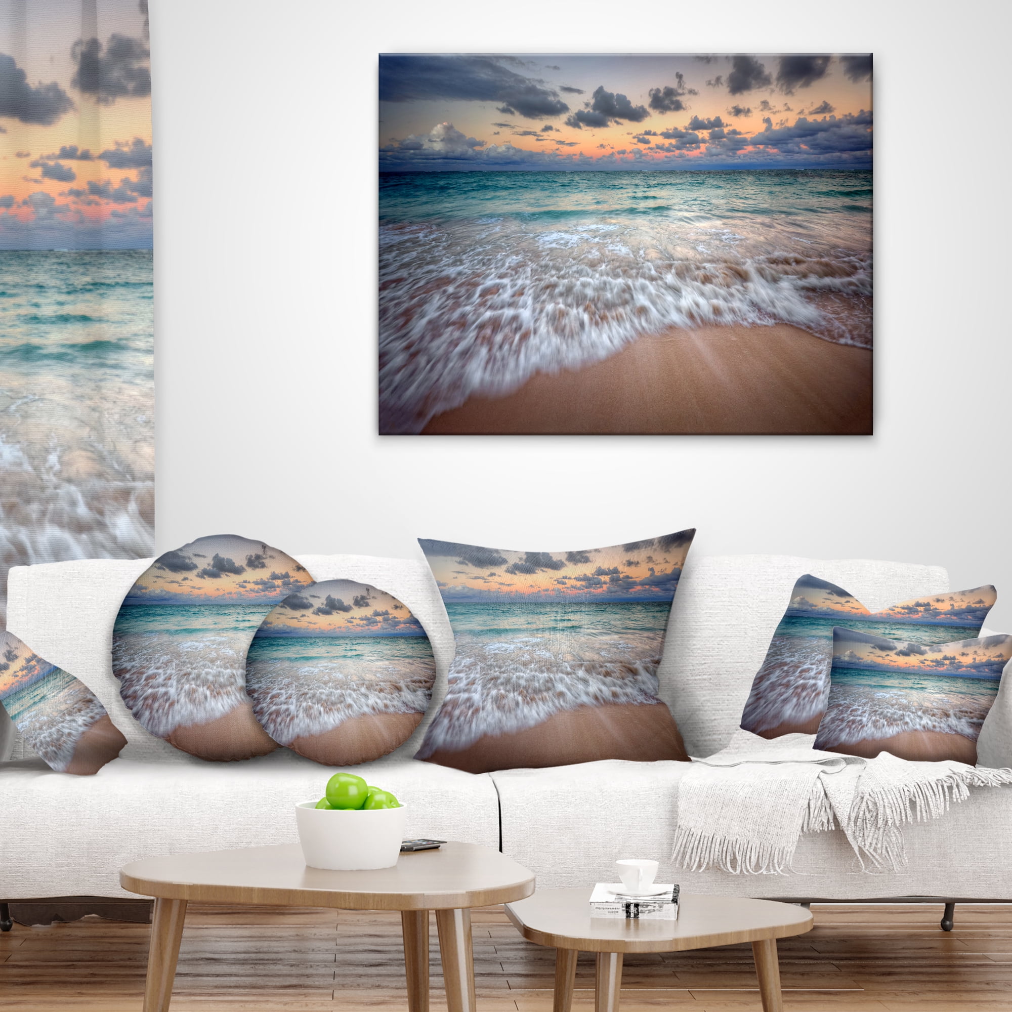 Designart Waves Crashing Serene Seashore - Seascape Throw Pillow - 16x16