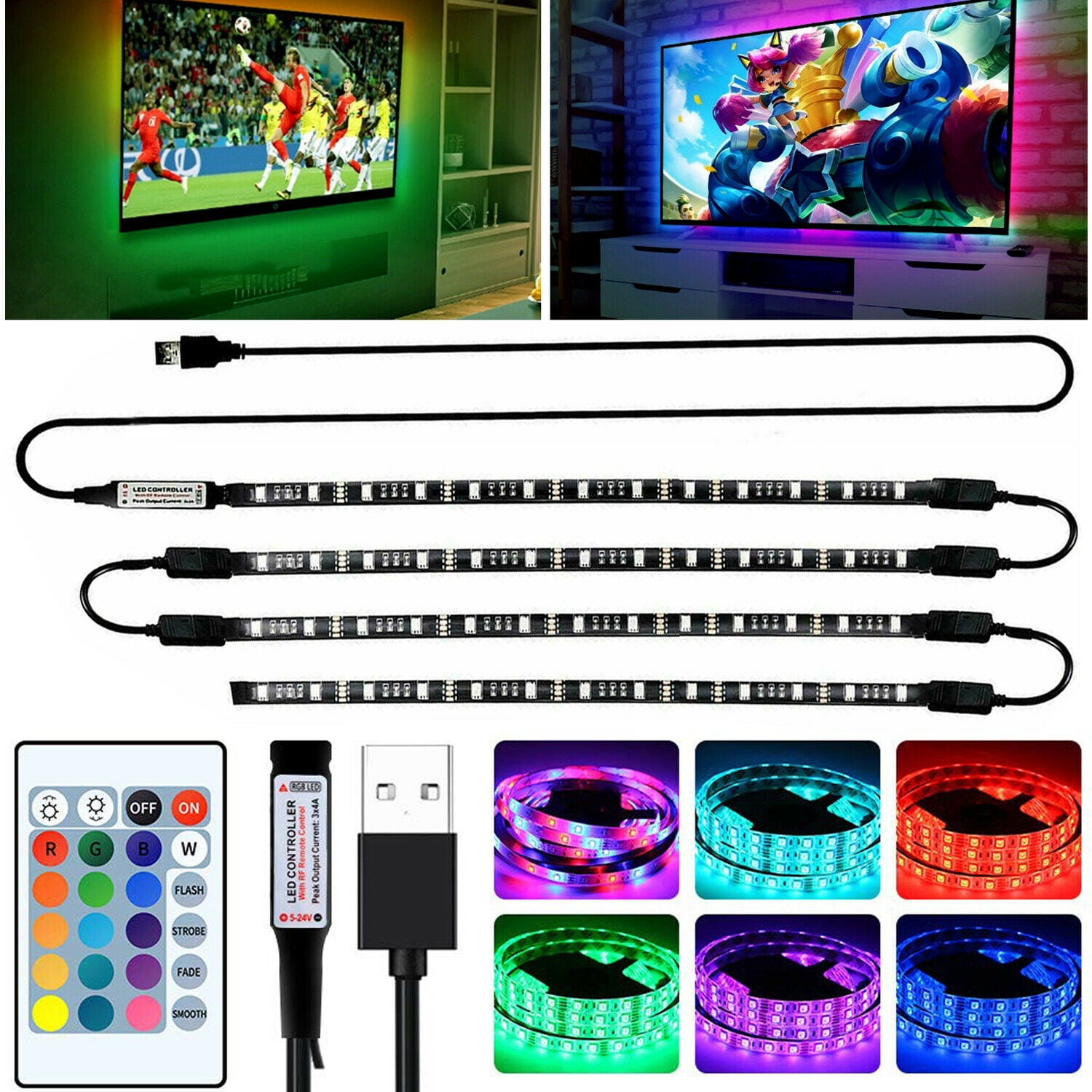 4x 50CM USB RGB LED Strip Light 5V Multi-color TV Back IR Remote Control Adapter 