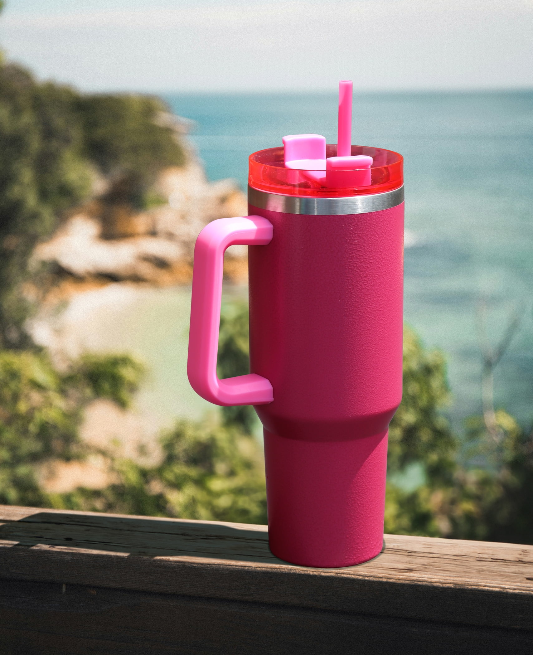 Mainstays 40 oz Stainless Steel Tumbler with Straw and Handle, Double Wall Insulated, Pink Hammertone