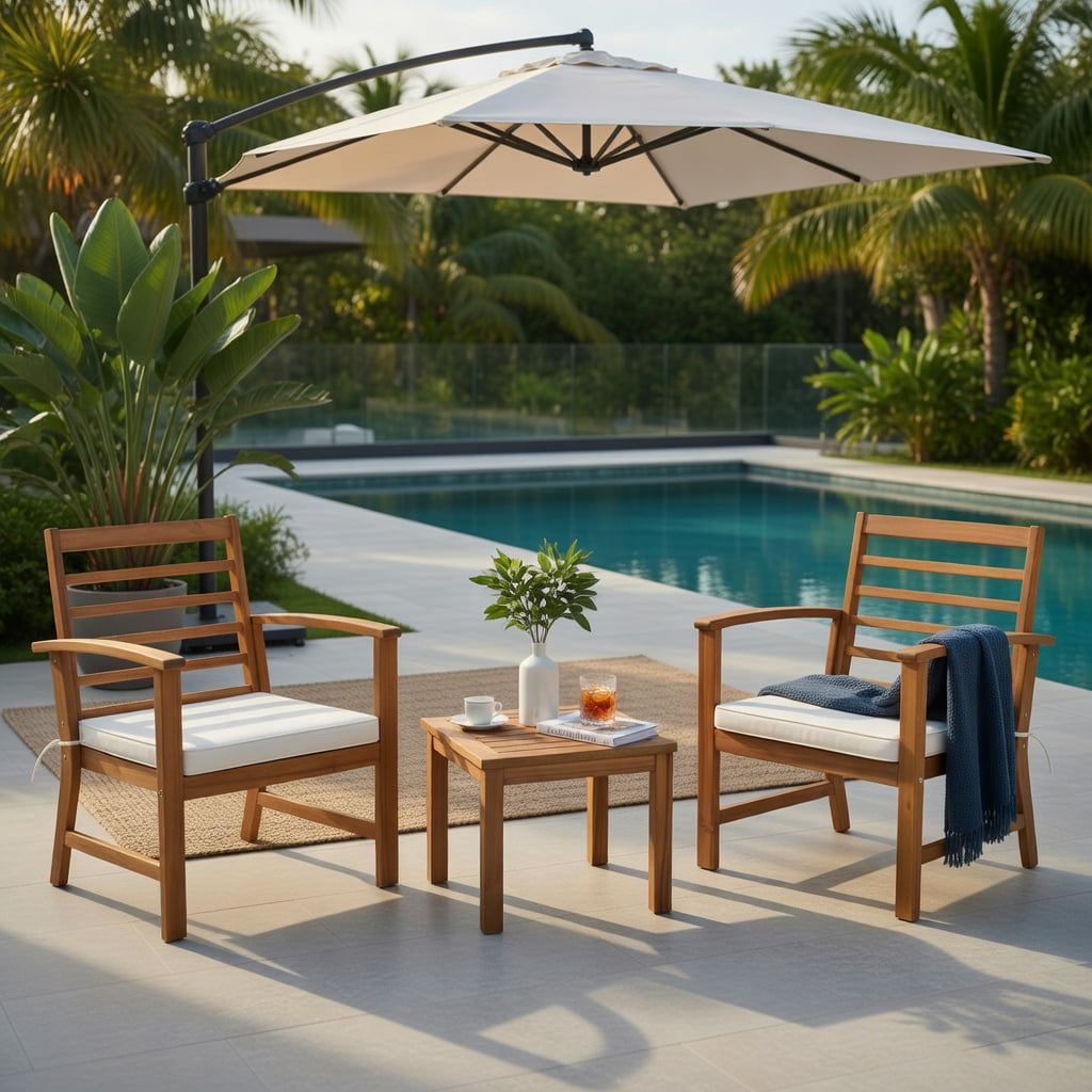 Hommoo 3-Piece Acacia Wood Outdoor Patio Furniture Set with Cushions, Durable Backyard Chair Set with Ergonomic Design and High-Density Foam Seating, White