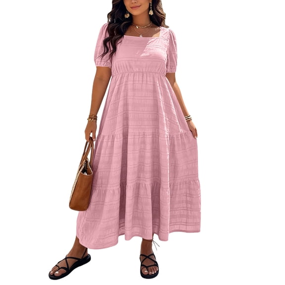 QUNYINEY Pink Plus Size Summer Dresses Long Short Sleeve A Line Dress Vacation Flowy Square Neckline Loose Fit Dresses