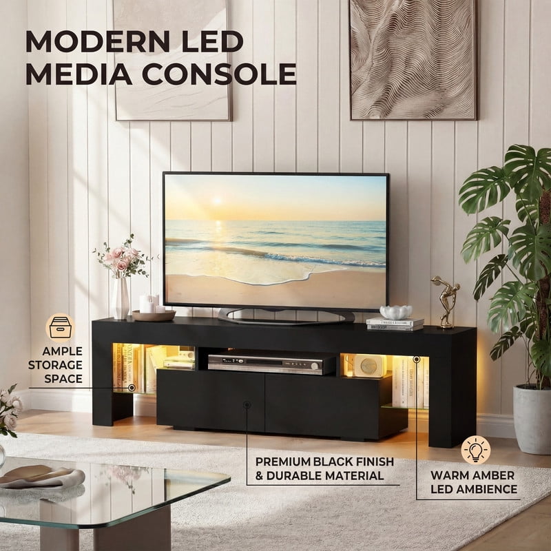 Lacoo 70" LED TV Stand for 70 Inch TV, Modern Media Console with 2 Extra Deep Drawers and RGB Light Strip, Gaming Entertainment Center with Open Glass Shelves