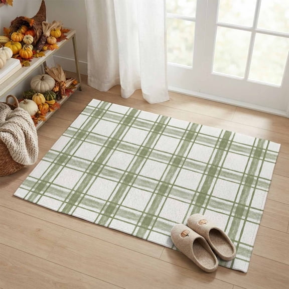 Rectangle Rug 2x3ft, Sage Green Gingham Patterns Soft Non-Slip Washable Felt Carpet Pad, Minimalist Lines Area Rugs for Living Room Bedroom Kids Room