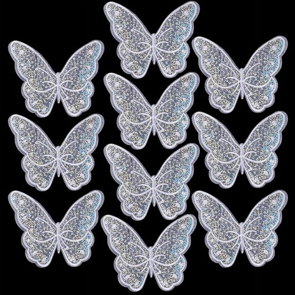 10Pcs Butterfly Embroidery Patches Sewing Sew On White Sequin Butterflies Patch Polyester Ornament Accessories