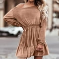 thumbnail image 2 of cfhntfmh Mini Dresses for Women Trendy Long Sleeve Crewneck Tunic Shirts Dress Comfy Smocked Ruffle Hem Dress, 2 of 7