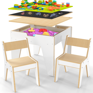 Kids Table and Chair Set, Reversible Wooden Activity Table with Board and Building Bricks Tabletop, 3 in 1 Wooden Toddlers Tables for Arts, Crafts