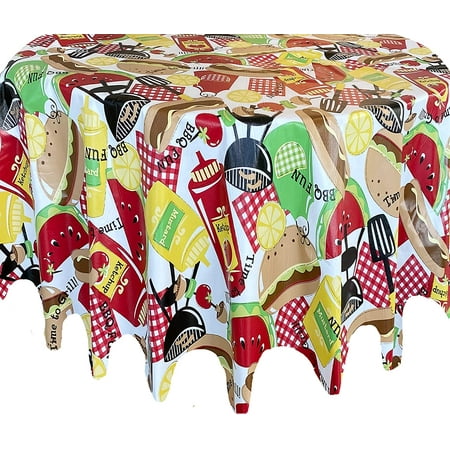

Newbridge Summer Memories Retro Barbeque Vinyl Tablecloth With Flannel Backing Kitschy Nostalgic BBQ Print Easy Care Indoor Outdoor Vinyl Tablecloth 60 Inch x 84 Inch Oval
