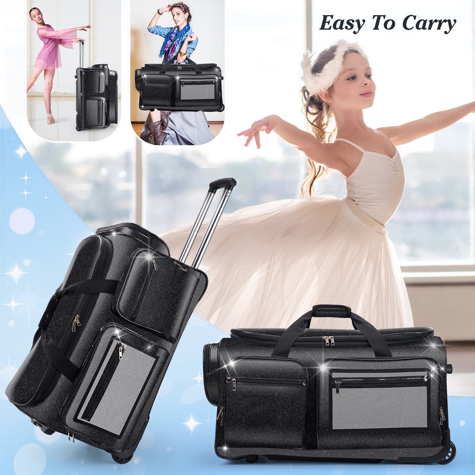 Dance Bag with Garment Rack, Glitter Black 28" Dance Competition Must Haves Competition Dance Bag with Rack, Costumes Rolling Garment Bags For Travel Collapsible Suitcase for Dancers Performers