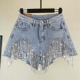 thumbnail image 2 of MIXUE Shorts For Women Summer Denim Solid Color Tassel Rhinestone High Waist A Line Wide Leg Fashion Casual Jeans Shorts Workwear,Blue,XXXL, 2 of 4
