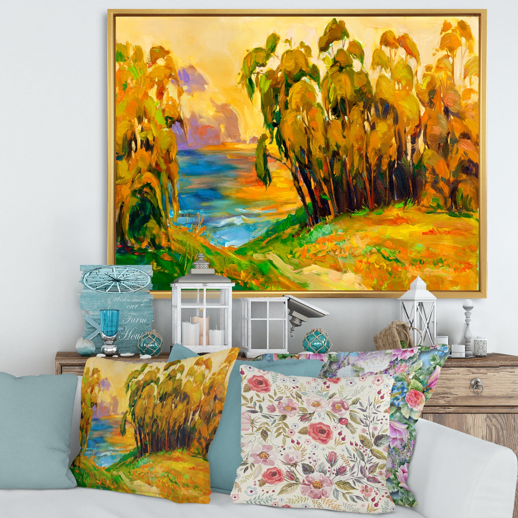 Designart 'Brown Trees By The Riverside During Evenign Glow' Traditional Framed Canvas Wall Art Print