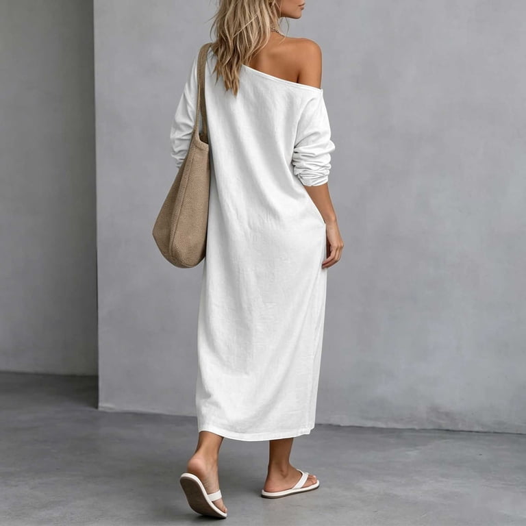 comfortable winter dress for Women Slanted Shoulder Long Sleeve Side Split Pullover Solid Color Casual Maxi Dress With Pockets Color:DUSTY-PINK 5% Elastane Machine Wash muslim women dress LACOO Creaser 31.5 in.