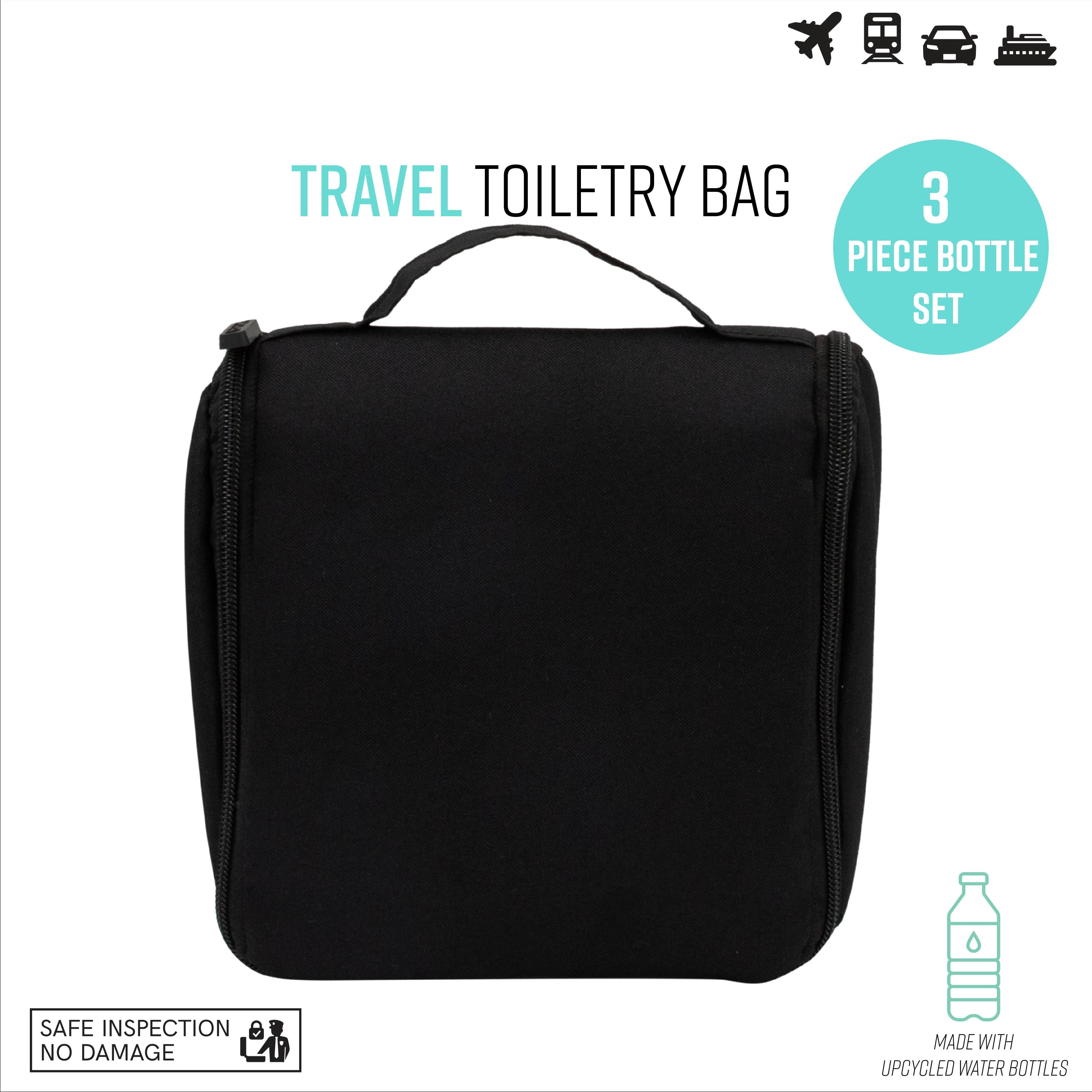 G-Force RPET Hanging Toiletry Bag Set with 3 Piece Clear Refillable Travel Bottles, Black