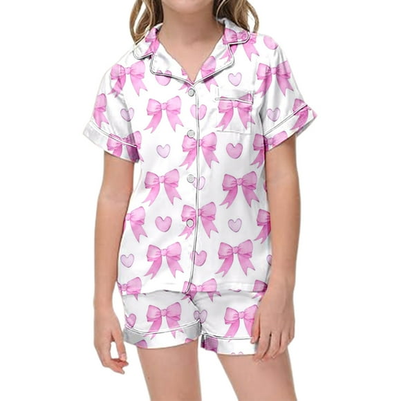 Kids Girls Satin Pajamas Set Bow Pajamas Button Down Sleepwear Set Pjs Sleepwear Outfits Christmas Girls Pajamas 8-9 Years Kids Clothes