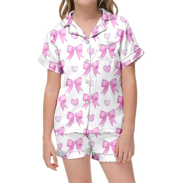 Ensemble de Pyjamas en Satin pour Garçons Manches Courtes Imprimées Boutonnées Ensemble de Pyjamas Classiques pour Filles Garçons Filles Mode