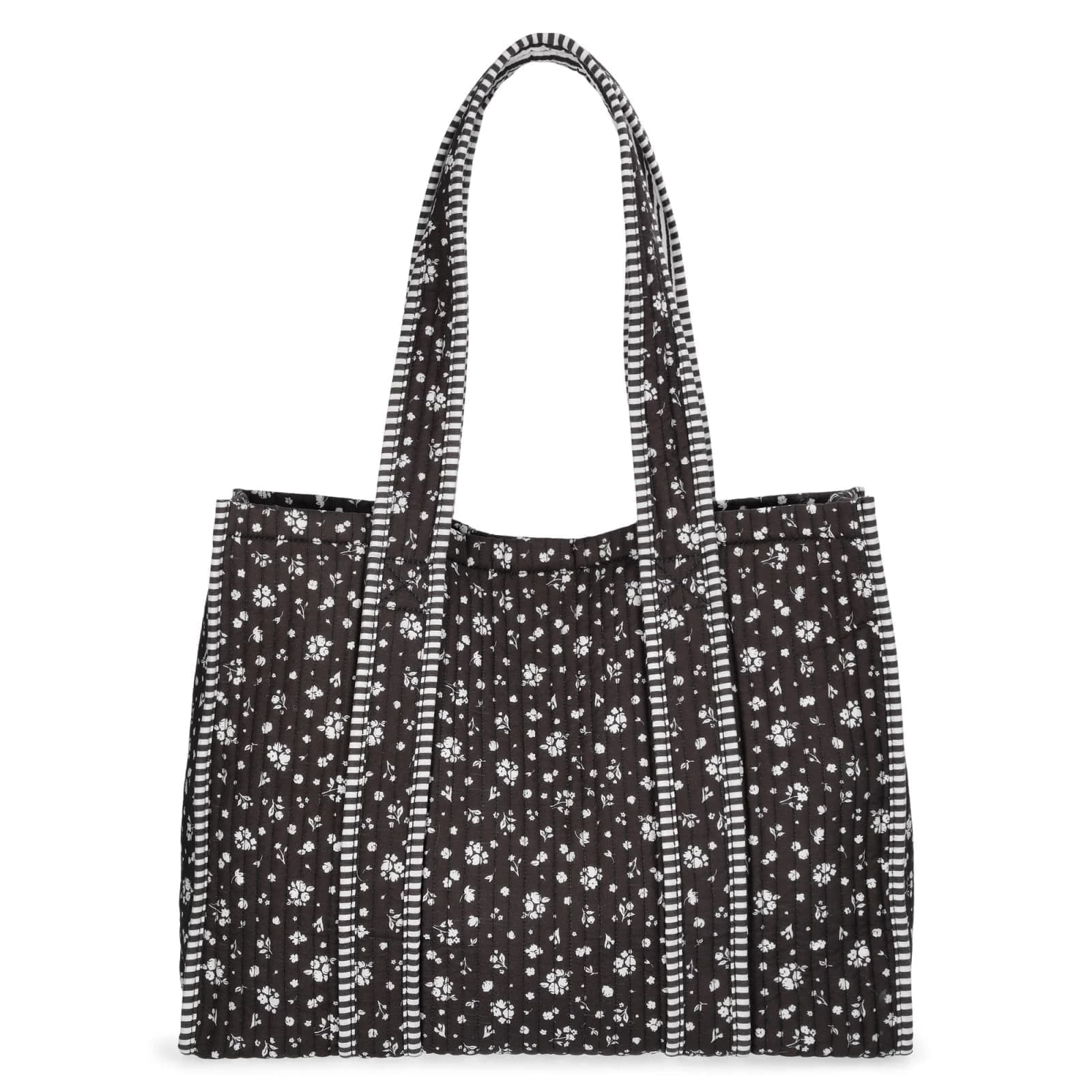 Gumesh Quilted Patchwork Tote Bag for Women, Light Black Gingham & Floral Print, Large Capacity Shoulder Bag for Work, Shopping, Beach, Travel