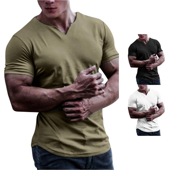 NinXxx Men's Spring Summer V Neck Solid Short Sleeve Casual Tee Army Green M
