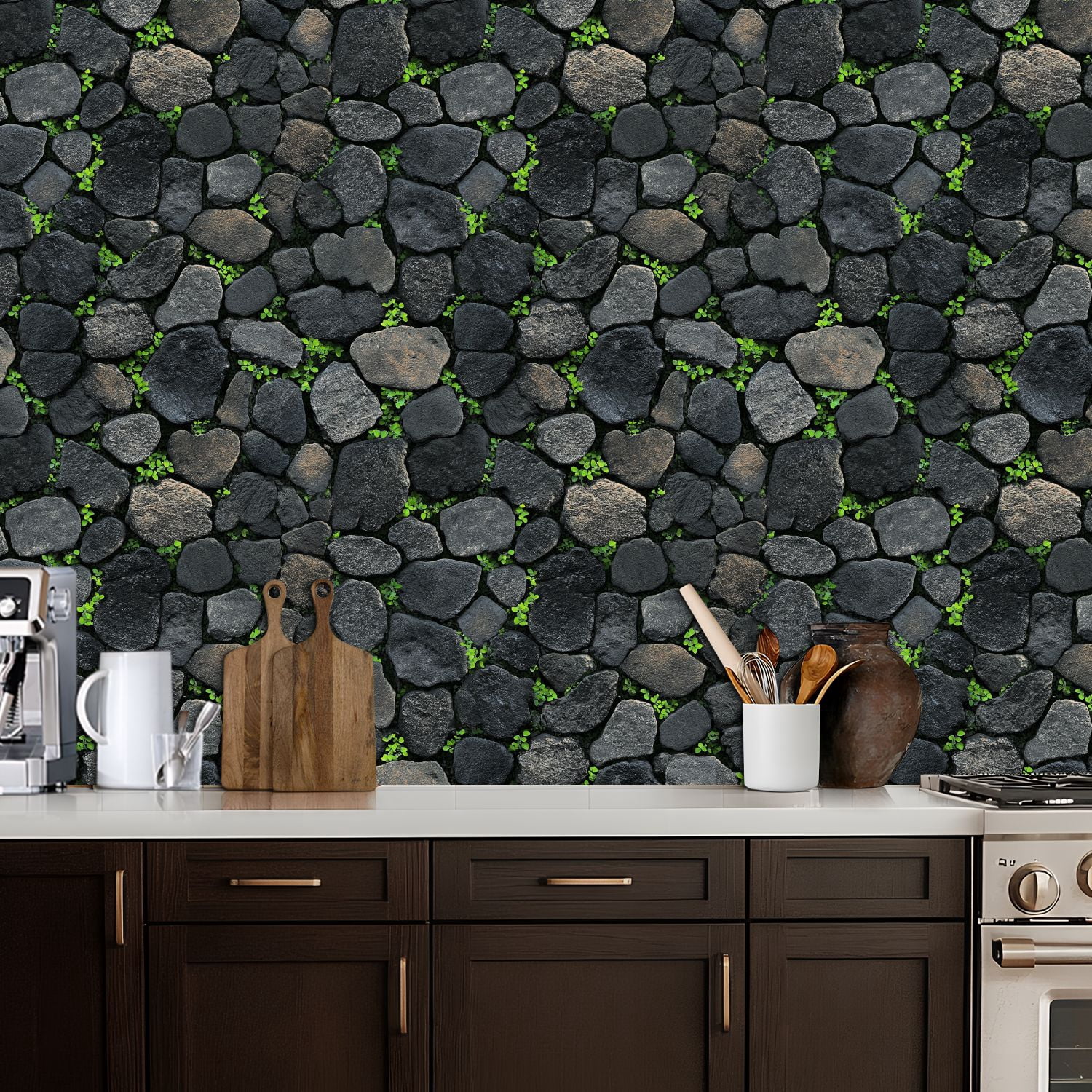 Peel and Stick Wallpaper Moss Clovers Growing Between Stones Vintage Wall Mural 17.7in x 9.8ft Self Adhesive Removable Wall Paper Renter Friendly Wallpaper for Bedroom Livingroom Office Studio