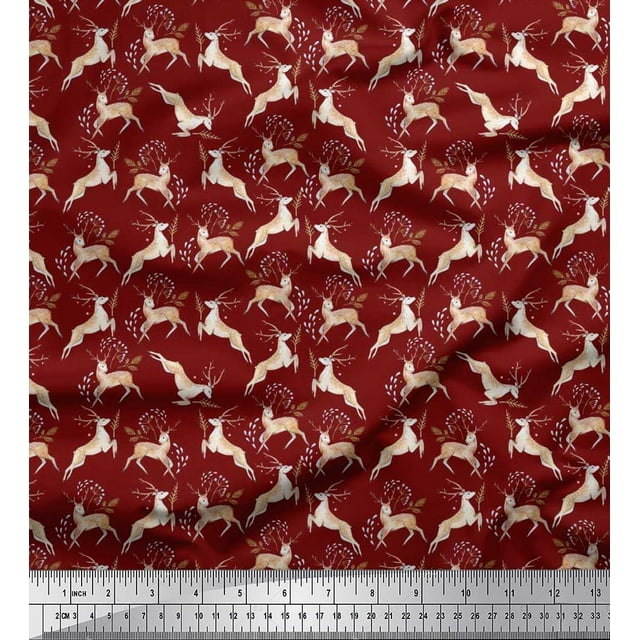 Soimoi Georgette Viscose Fabric Leaves & Reindeer Animal Print Fabric by the Yard 42 Inch Wide