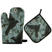Yayeee Oven Mitts and Pot Holder Set of 4 Heat Resistant Kitchen Gloves Baking Hot Pad, Mystic Crows Pattern