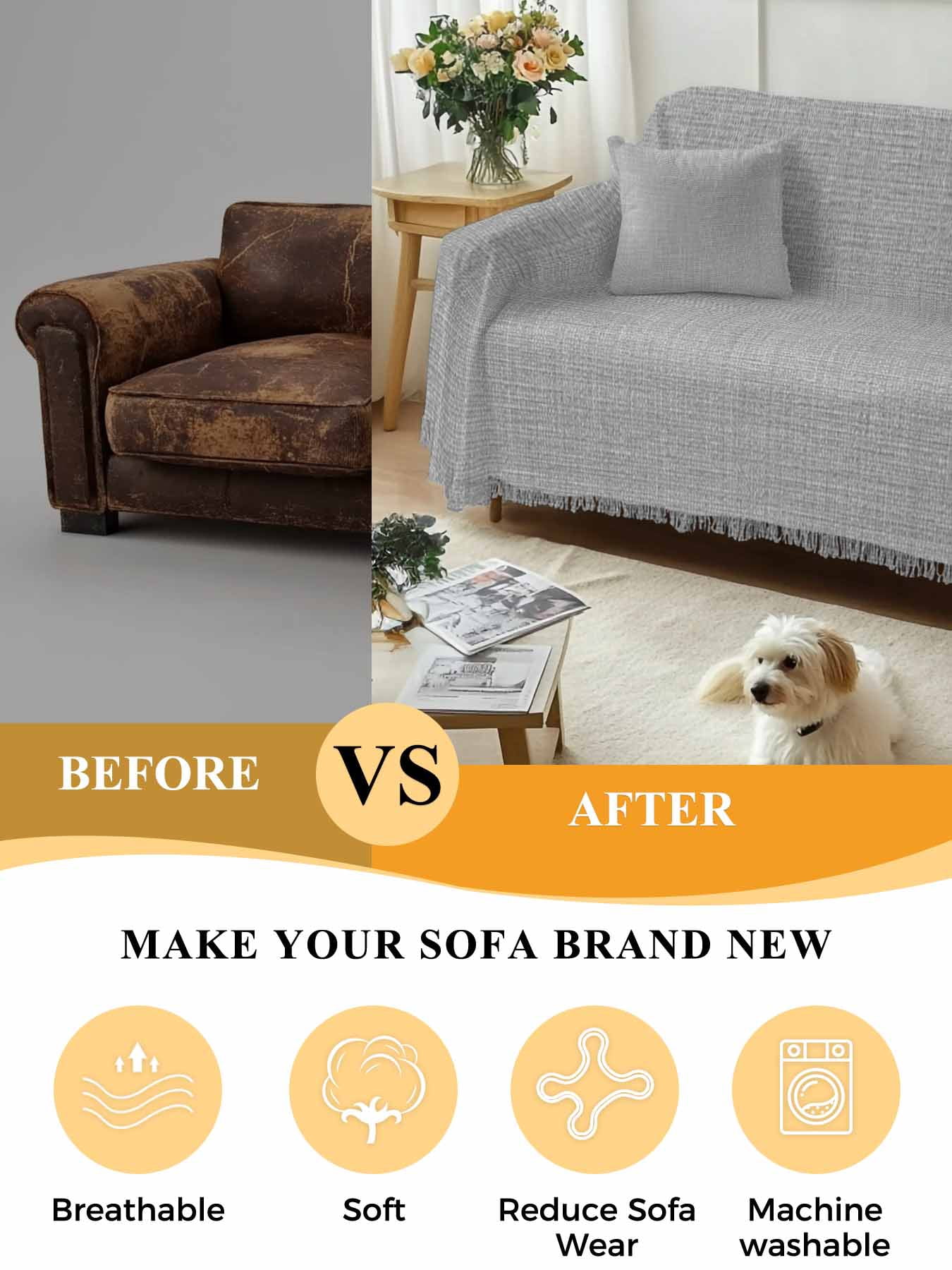 Grey Burlap Texture Sofa Covers for 2-3 Cushion Couch L-Shaped Sectional, Farmhouse Vintage Gray Washable Sofa Covers Slipcover for Living Room Furniture, Couch Cover Blanket 71"x134"
