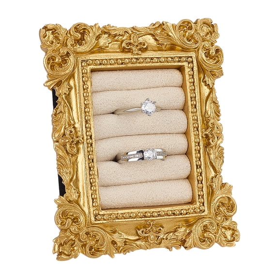 Vintage Ring Holder 4x3.2x0.9inch Rectangle Jewelry Rings Display Frame 5 Slots Gold Resin Frame Stand with White Cloth Lining DIY
