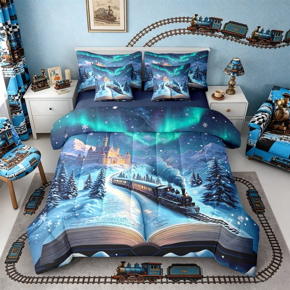 Castle Fairy Winter Castle Twin Bedding Sets 7-Piece for Kids, Northern Lights Bedding Comforter Set for Bedroom, Blue and Green,Navy Blue Reversible
