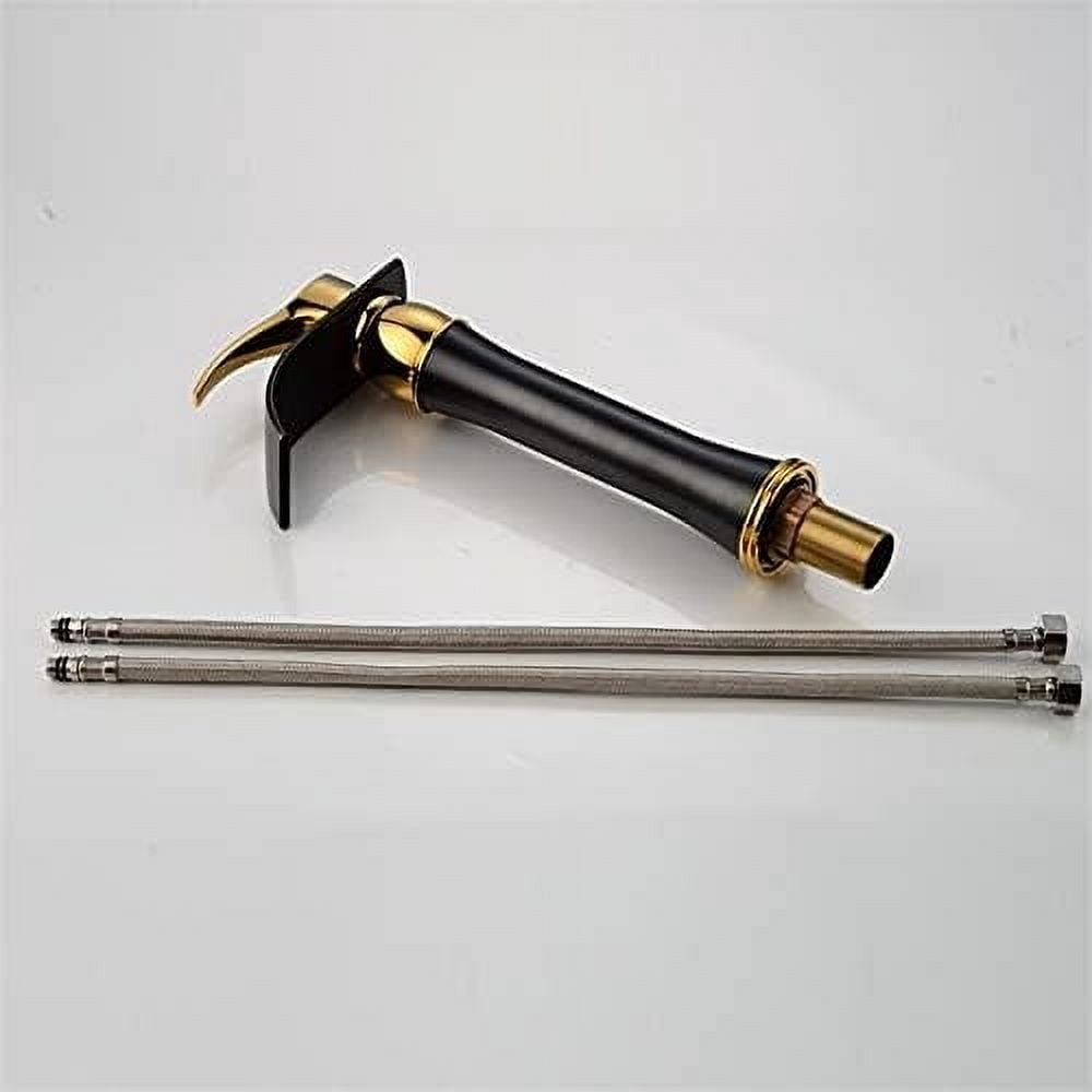 Bathroom Sink Faucet, Basin Faucet Single Handle Black & Gold Brass Waterfall Basin Mixer Tap Hot & Cold Bathroom Faucets Sink Waterfall Faucet Drain