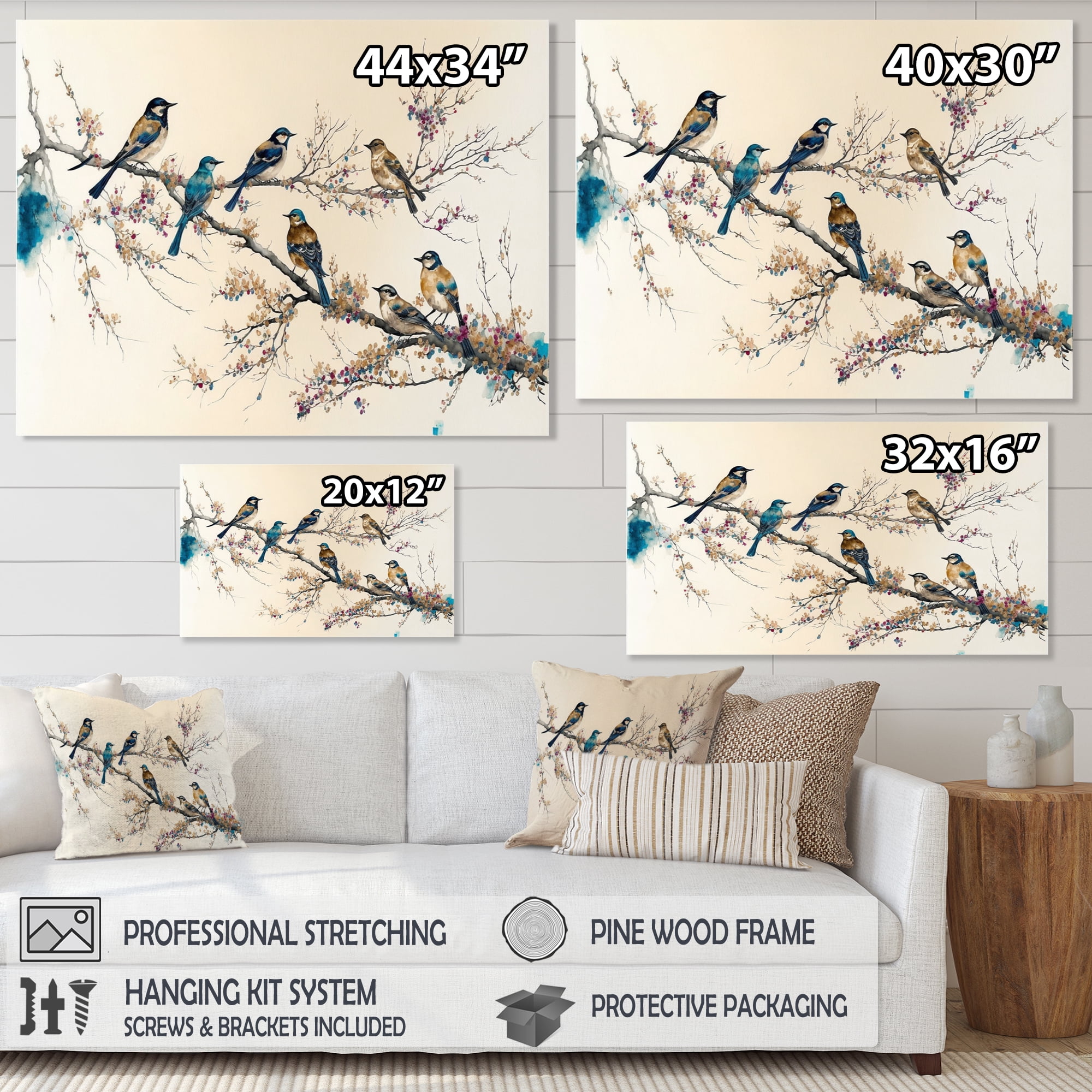 Designart Multicolor Birds On Plum Blossoms Tree XIV Canvas Wall Art
