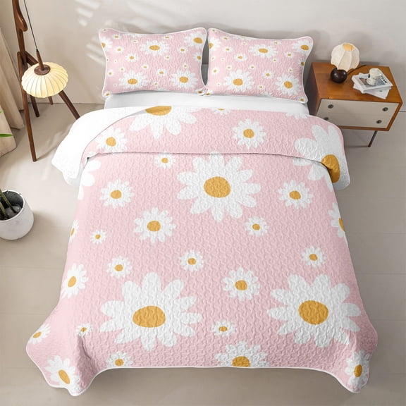 Erosebridal Simple Daisy Floral Twin Quilt Set,White Yellow Flower Twin Coverlet Set For Girls,2 Pieces
