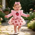 thumbnail image 2 of Tisuna Romper For Baby Girls Long Sleeve Strawberry Print Bodysuit Dress With Headband Cute Snap Closure Party Jumpsuit, Size 0-18 Months, Pink, 2 of 9