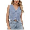 thumbnail image 2 of Aueoeo Womens Denim Vests Top Trendy Sleeveless Jean Jackets Button Up Western Denim Waistcoat Suit Top, 2 of 7