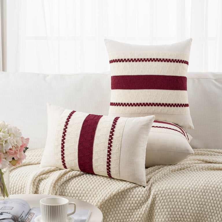 Fancy Homi 2-Pack Burgundy Corduroy Lumbar Pillow Covers - 12x20 Inch, Striped Farmhouse Boho Decor