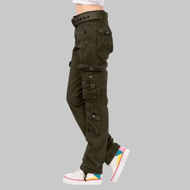 ICHUANYI Clearance Women Ladies Solid Pants Hippie Punk Trousers Streetwear Jogger Pocket Loose Overalls Long Pants(Army Green, S) ICHUANYI WER2023080802928