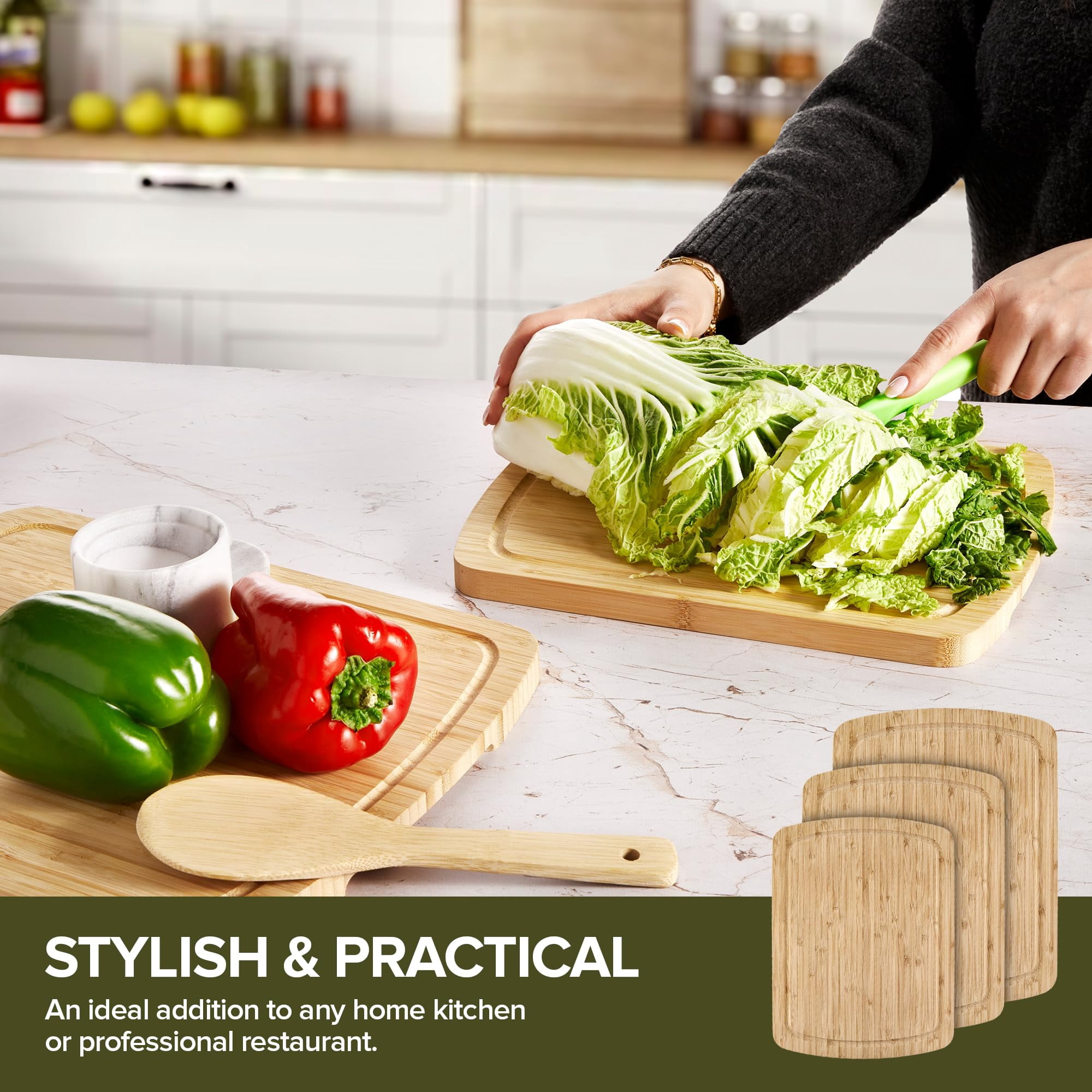 Wood Cutting Boards for Kitchen Counter – Organic Bamboo Cutting Board Set with Stick-On Grips (3 Pack), Thick Non-Slip Wooden Chopping Boards for Meat, Cheese, Produce & Serving