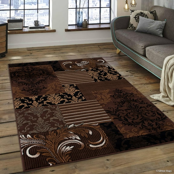 Allstar 5x7 Modern Area Rug in Brown with Charcoal Grey Patchwork Floral Patchwork design (4' 11" x 6' 11")