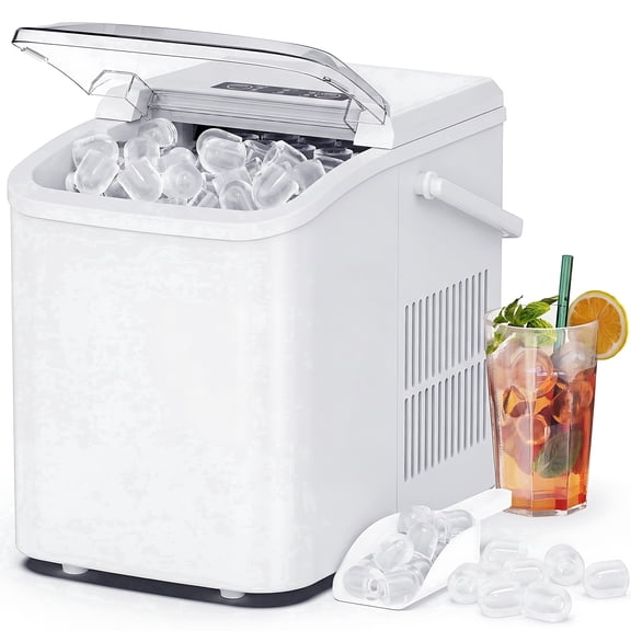 EDX Countertop Ice Maker, Self-Cleaning Portable Ice Maker Machine with Handle and Ice Scoop 9Pcs/6Min 26.5Lbs/24H White