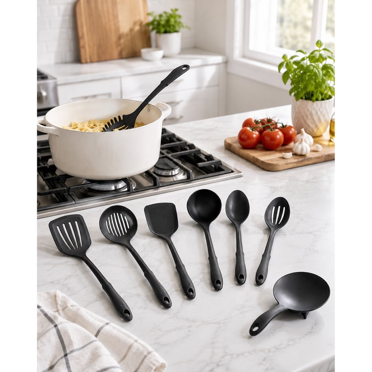 Mainstays Kitchen Utensil Set, Nylon, Comfort Grip Handles, 8-Piece, Black