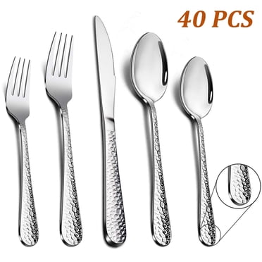 Vesteel Hammered Silverware Set, 40-Piece Stainless Steel Flatware Cutlery Set for 8, Includes Knives, Forks, Spoons, Mirror Polished & Dishwasher Safe