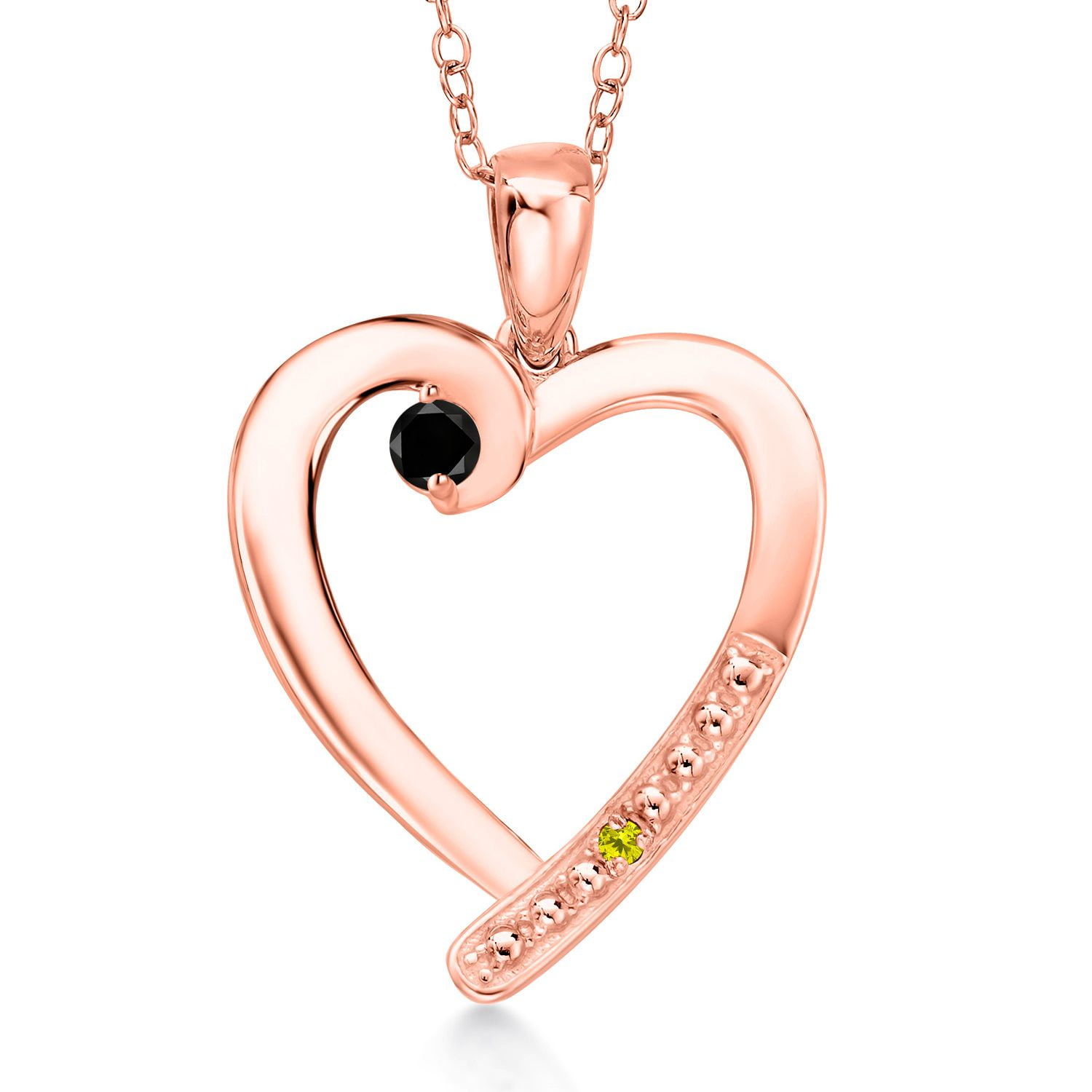 Gem Stone King 18K Rose Gold Plated Silver Black Diamond and Canary Diamond Heart Pendant Necklace for Women | 0.19 Cttw | Gemstone April Birthstone | Round 3.5MM | With 18 inch Chain