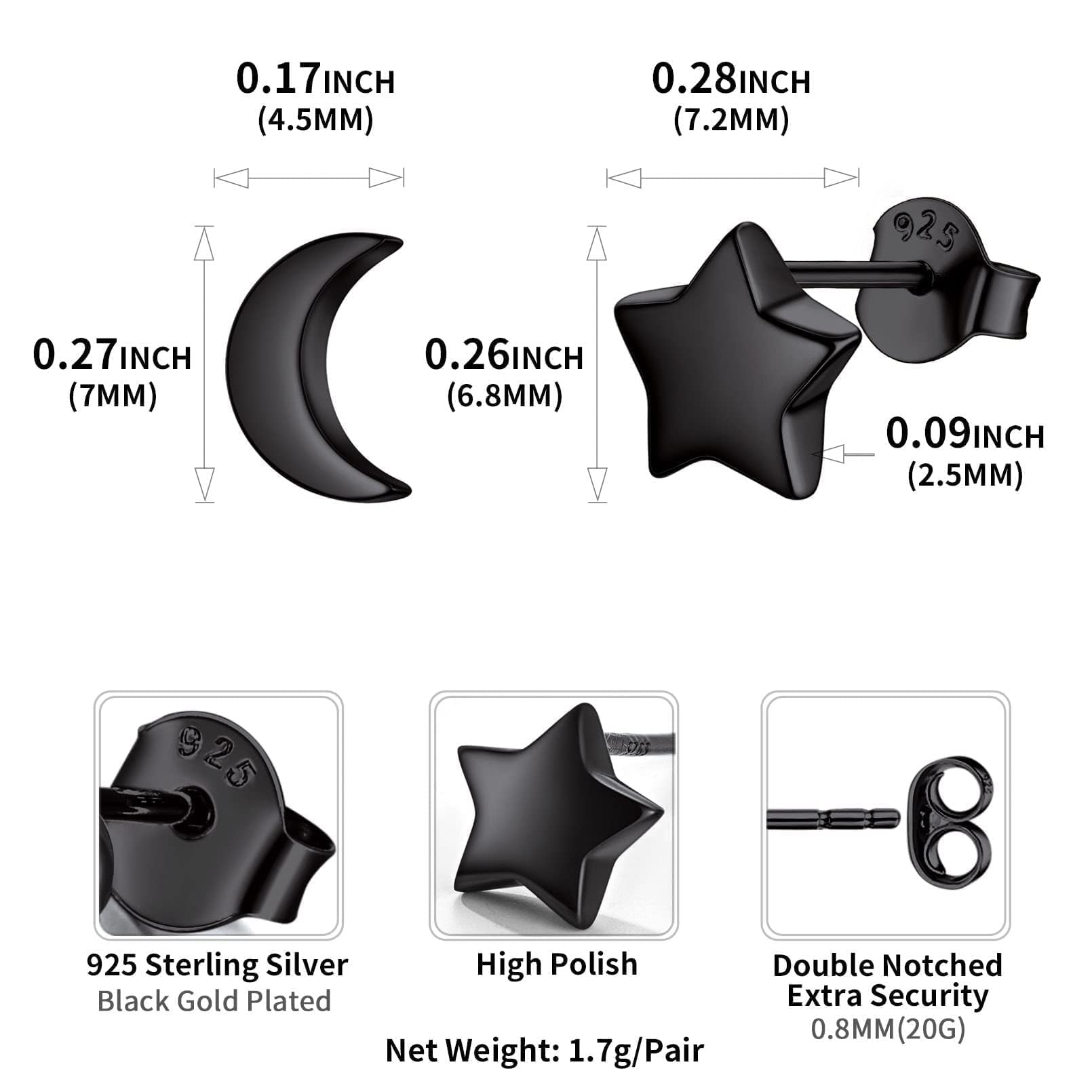 ChicSilver Small Black Earrings for Women Moon Star Stud Earrings Charms Hypoallergenic Sterling Silver Jewelry for Daughter/Wife/Mom/Niece