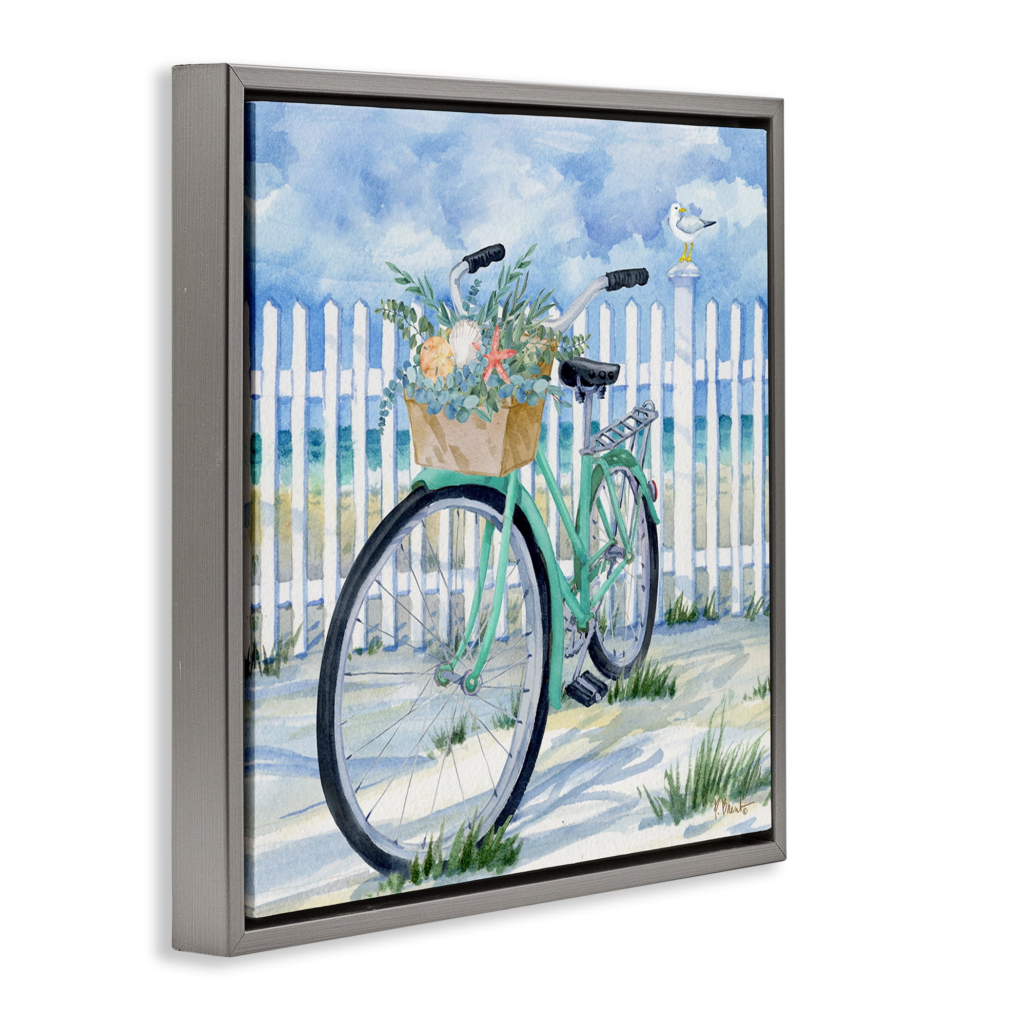 Stupell Industries Bike on Rosemary Beach Transportation Painting Gray Floater Framed Canvas Art Print Wall Art, 25 x 25