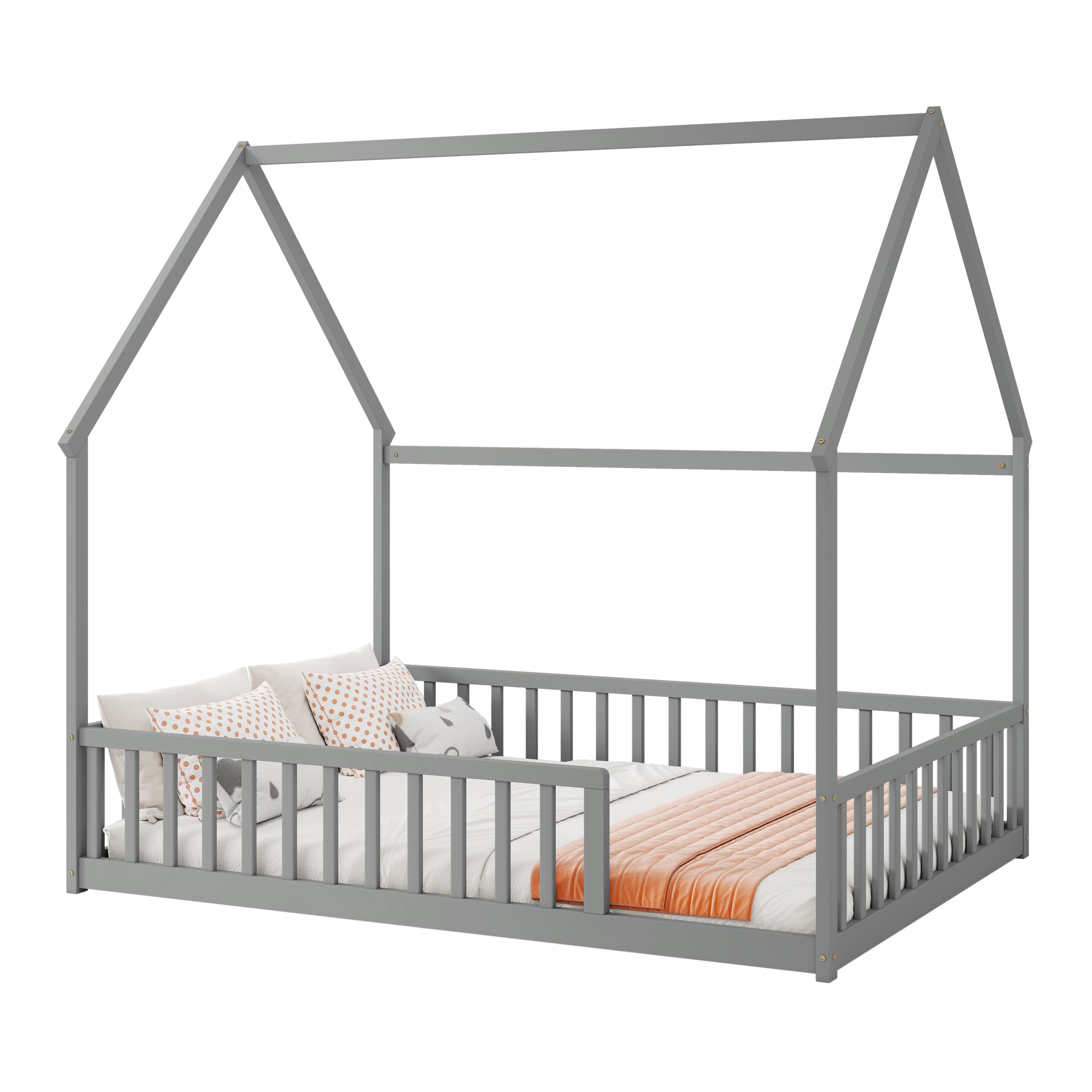 Full Size House Floor Bed with Full Surround Safety Fence, Solid Pine Wood Montessori Kids Playhouse Bed Frame Max 300 LBS No Box Spring Needed for Toddler Bedroom Nursery