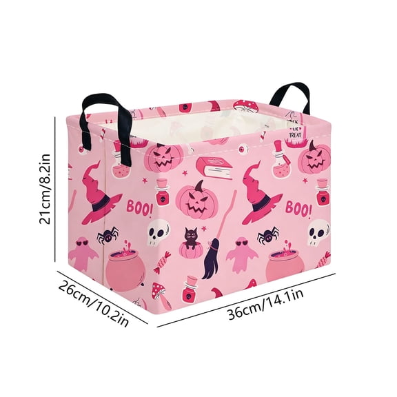 Pink Halloween Storage Basket with Handles,14.1x10.2x8.2'' Collapsible Canvas Organizer Bin for Holiday Decor,Clothes and Home Organization
