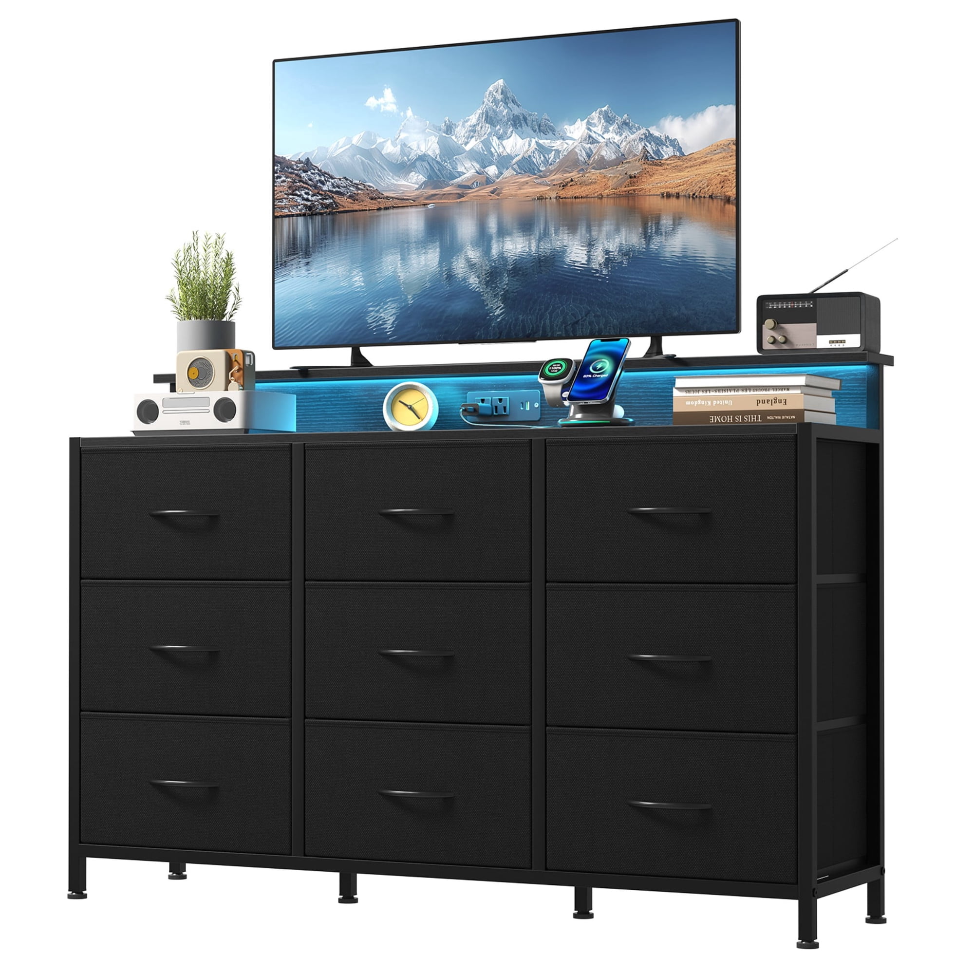 CONCETTA 9 Fabric Drawers Storage Dresser, TV Stand Fits 45, 50, 55 Inch TV, Wood Top Entertainment Center with LED Lights & Charging Station for Bedroom, Living Room, Hallway, Black
