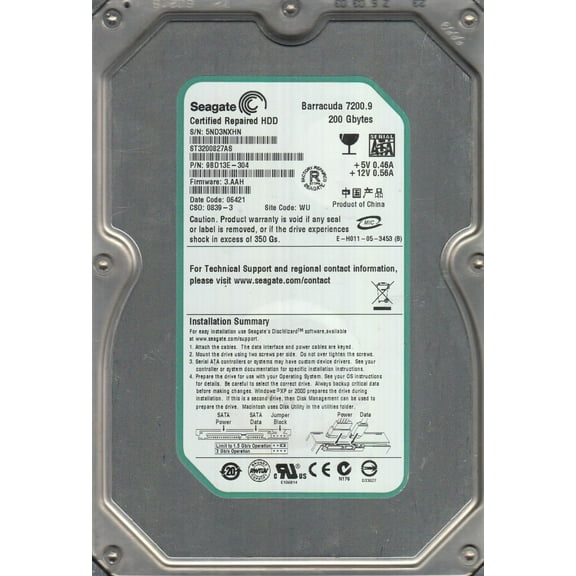 ST3200827AS, 5ND, WU, PN 9BD13E-304, FW 3.AAH, Seagate 200GB SATA 3.5 Hard Drive